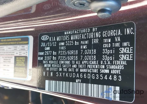 2013 Kia Sorento Ex из США, поврежденный, VIN 5XYKUDA66DG354483